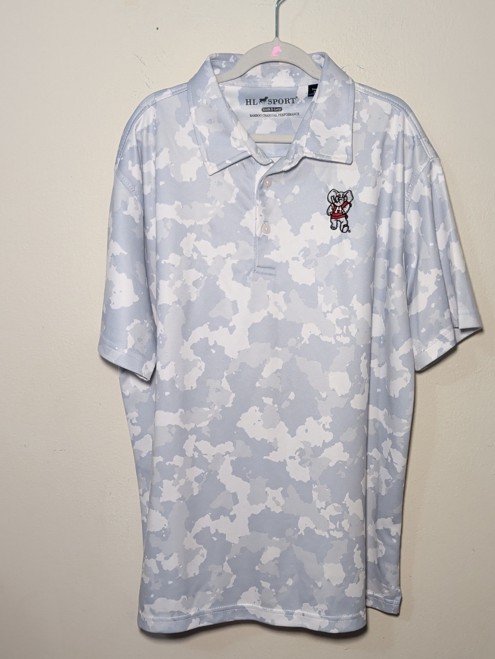 HL Sport University of Alabama Polo Gray + White Camo Embroidered Big Al Boys XL